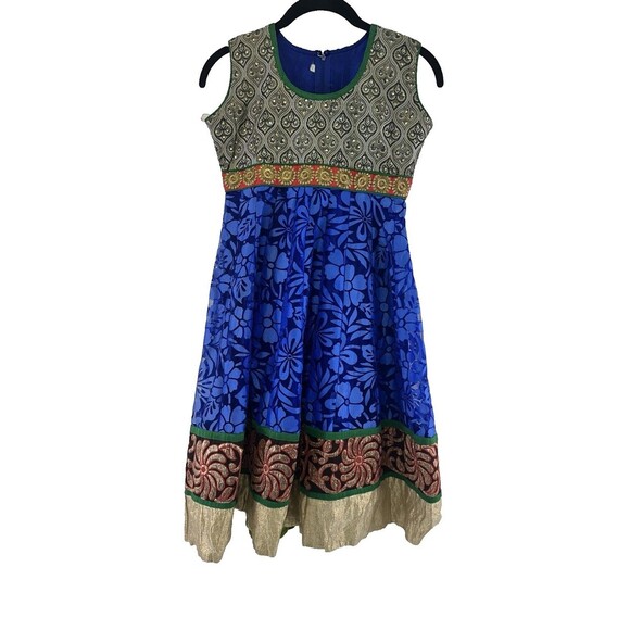 Unbranded Other - Special Occasion Dress Girls Brocade Blue Floral Beaded Fit Flare 34 Youth Large